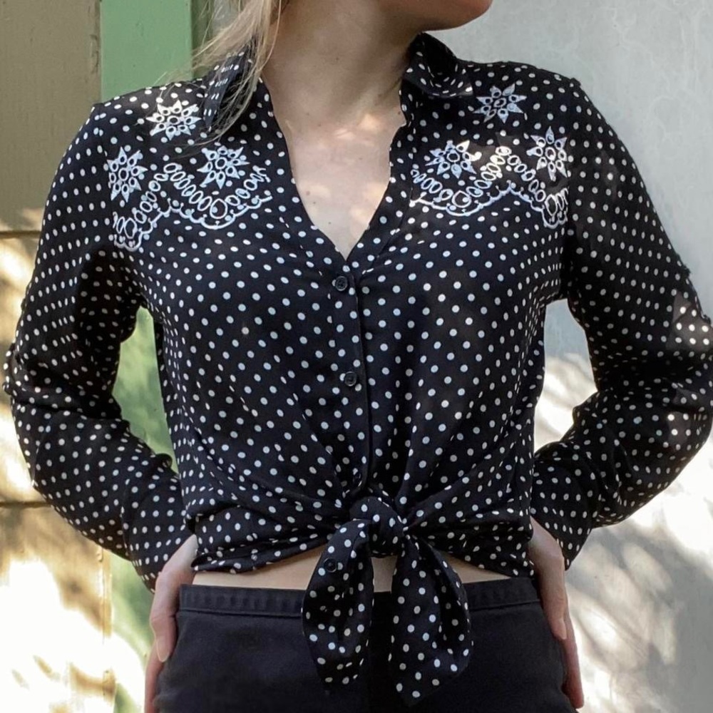 Black and white western style polka dot button up with embroidery
